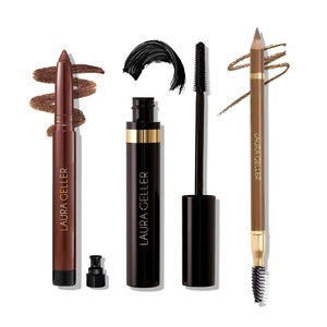 image:imageLAURA GELLER NEW YORK Lauras 3 Es Eyeliner Eyelash amp Eyebrows Kit for Mature Skin  Dark Brown  Kajal Longwear Eyeliner Kajal Longwear Mascara amp Bravo Brows Soft Pencil  BrushMedium Brown
