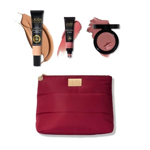 image:imageLAURA GELLER Good Skin SPF Kit Better Than Block Foundation Medium  Wonder Balm Blush Rosy Refresh  ShinenShield Lip Balm Sunset Sands  Cosemetic Bag03 Medium