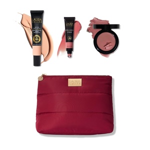 image:imageLAURA GELLER Good Skin SPF Kit Better Than Block Foundation Medium  Wonder Balm Blush Rosy Refresh  ShinenShield Lip Balm Sunset Sands  Cosemetic Bag01 Fair